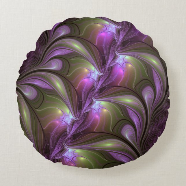 Abstrakt Violet Lila Khaki Fractal Art Rund Kudde (Framsidan)