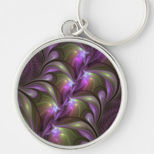 Abstrakt Violet Lila Khaki Fractal Art Rund Silverfärgad Nyckelring