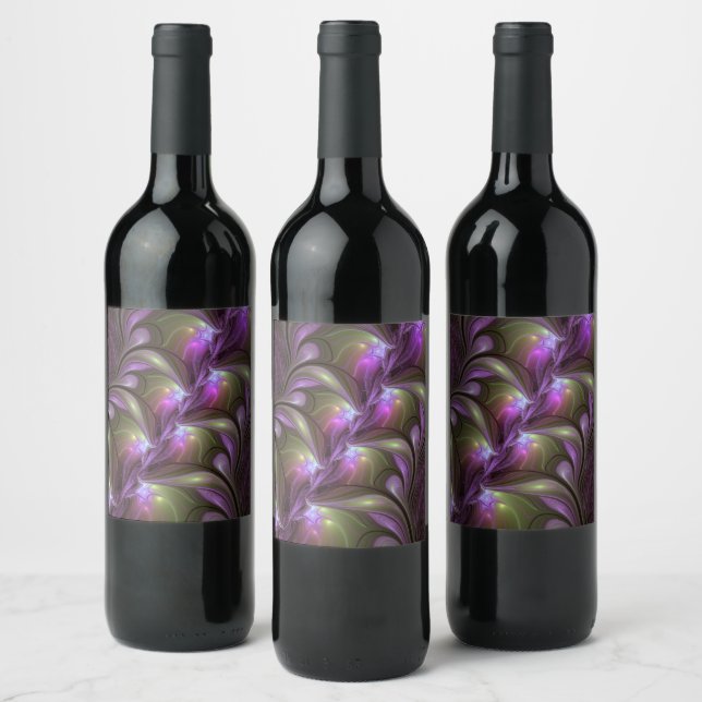 Abstrakt Violet Lila Khaki Fractal Art Vinflaska Etikett (Flaskor)