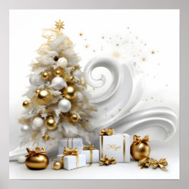 Abstrakt vit julgran med accenter från guld poster