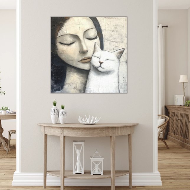 Abstrakt Vit Katt av nyssnurrande Lycklig Canvastryck (Printed Canvas Abstract Woman's Face with White Cat, Peaceful Snuggle Modern Neutral Art)