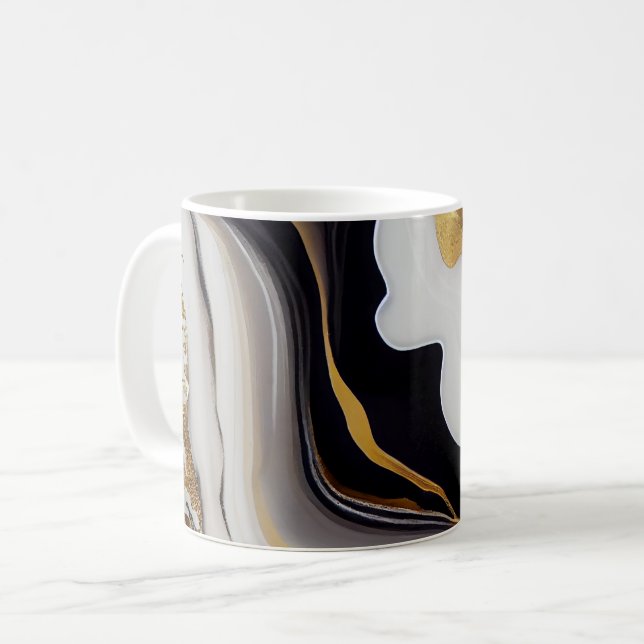 Abstrakt, vit och svart och gyllene abstrakt kaffemugg (Framsida vänster)