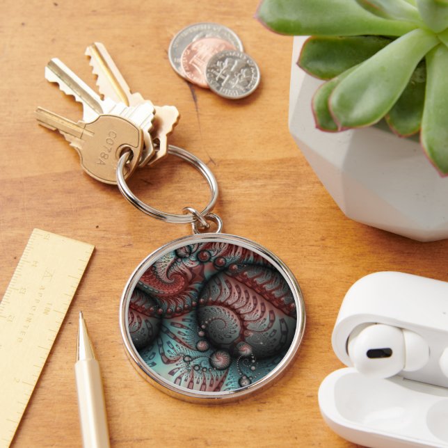 Abstrakt Vivid Fantasy Fractal Art Brown Blue Rund Silverfärgad Nyckelring (Skrivbord)