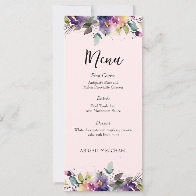 Abstrakt Watercolor Blommigt Bröllop Menu (Framsida)