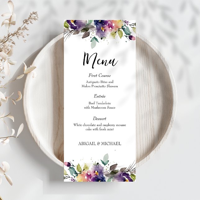 Abstrakt Watercolor Blommigt Bröllop Menu (Menu)