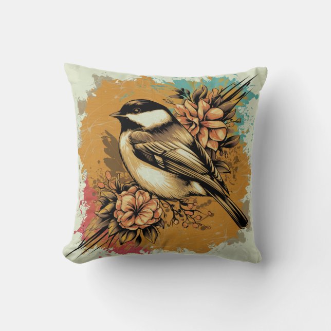 Abstrakt Watercolor Chickadee Dekorativ kudde (Framsida)