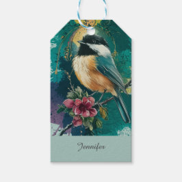 Abstrakt Watercolor Chickadee - Teal Presentetikett