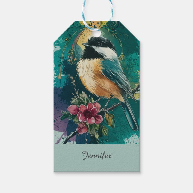 Abstrakt Watercolor Chickadee - Teal Presentetikett (Framsidan)