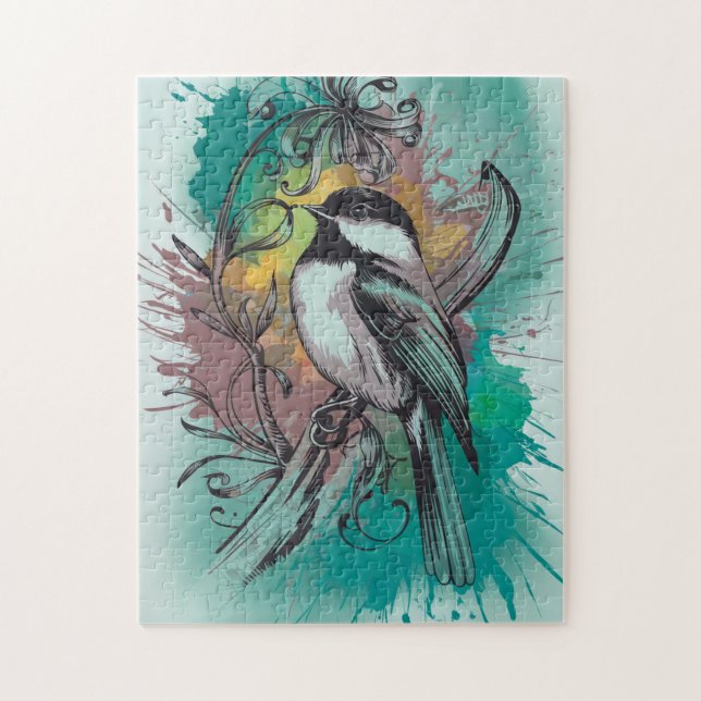Abstrakt Watercolor Chickadee - Teal Pussel (Vertikal)