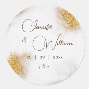 Abstrakt Watercolor Guld Glitter Monogram Bröllop Runt Klistermärke
