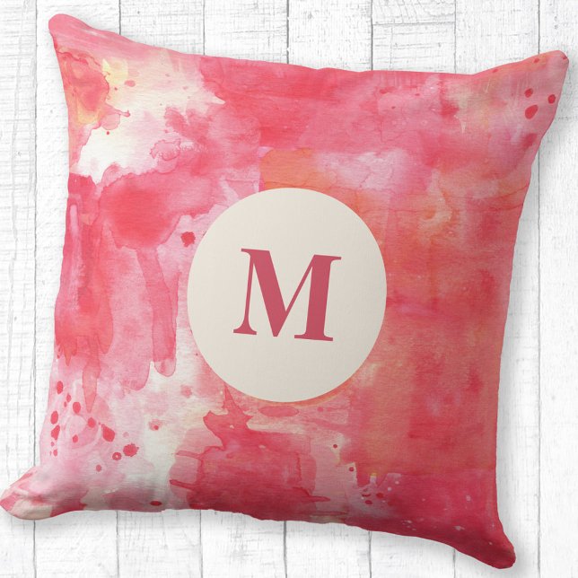 Abstrakt Watercolor Rosa Monogram Kudde (Modern monogram initial personalized pink abstract watercolor throw pillow)
