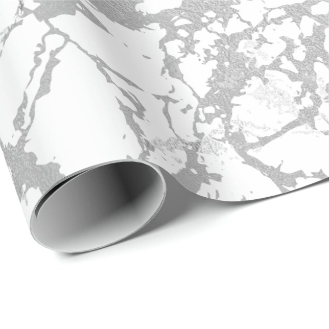 Abstrakt White Grått Marble Silver Carrara Shiny Presentpapper (Rullad Hörn)