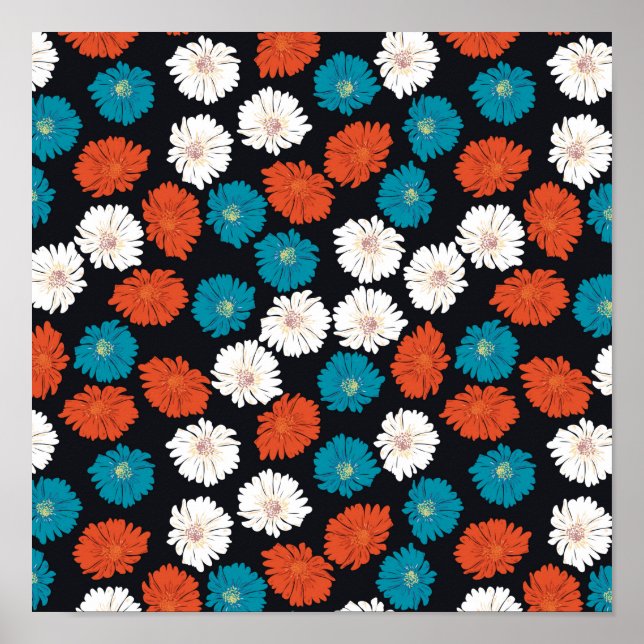 Abstrakt White Red och Blåa blommor Poster (Framsidan)