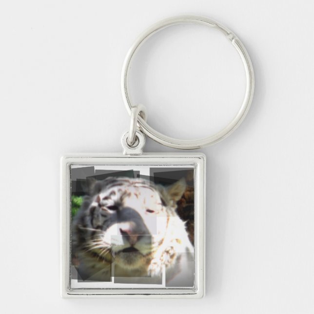 Abstrakt White Tiger Fyrkantig Silverfärgad Nyckelring (Framsidan)