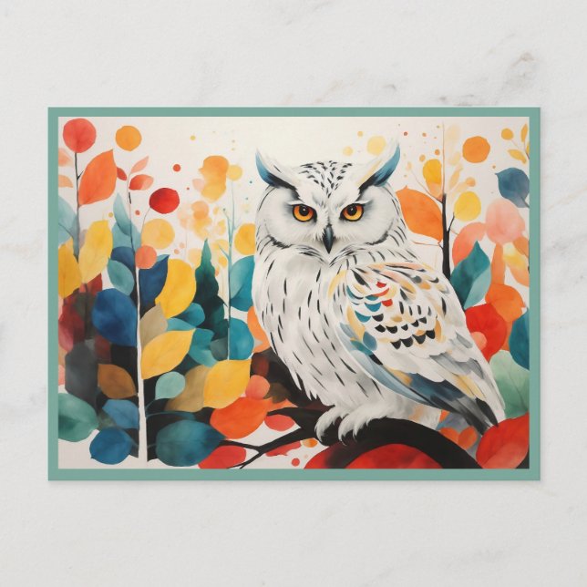 Abstrakt White Uggla på Träd Gren i i kolfärglös s Vykort (Framsida)