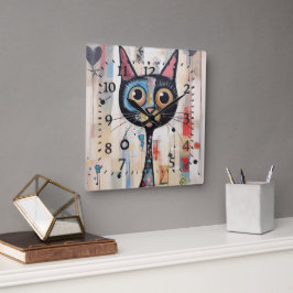Abstrakt Wide Eyed Lycklig Cat Fyrkantig Klocka