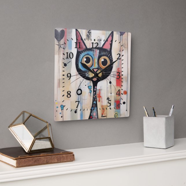 Abstrakt Wide Eyed Lycklig Cat Fyrkantig Klocka (Kontor)