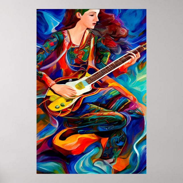 Abstrakt Woman Spela gitarr Music Art Poster (Framsidan)