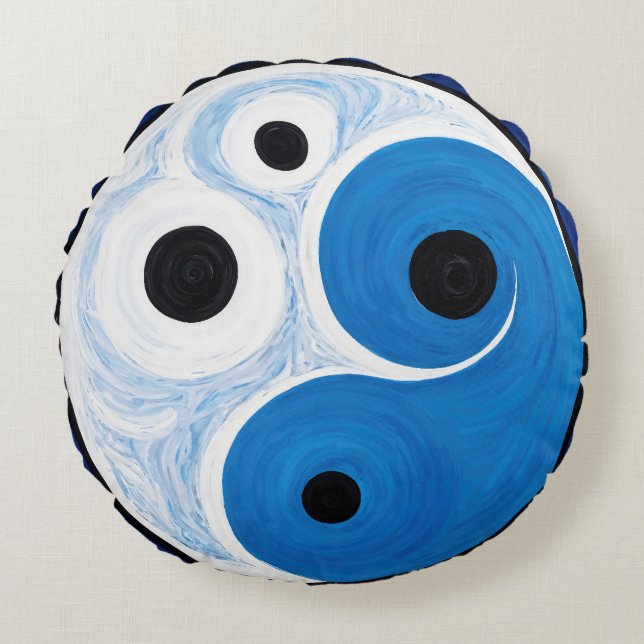 Abstrakt Yin Yang: Modernist Blue & White Rund Kudde (Framsidan)