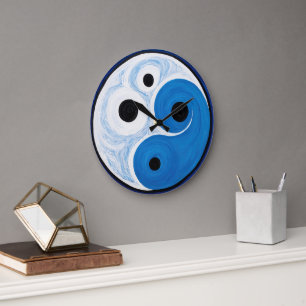 Abstrakt Yin Yang: Modernist Blue & White Stor Klocka