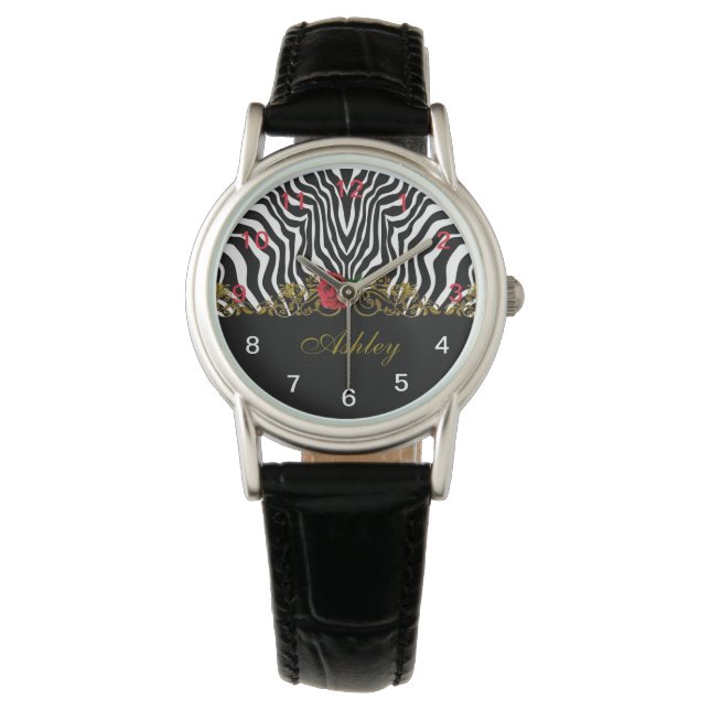 Abstrakt Zebra Flower Red Black White Guld Armbandsur (Framsida)