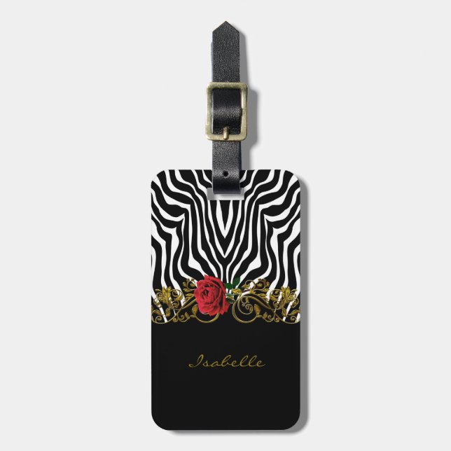 Abstrakt Zebra Flower Red Black White Guld Bagagebricka (Vertikal Framsida)