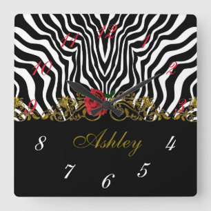 Abstrakt Zebra Flower Red Black White Guld Fyrkantig Klocka
