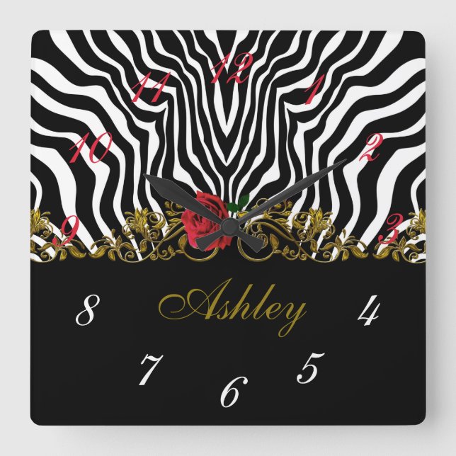 Abstrakt Zebra Flower Red Black White Guld         Fyrkantig Klocka (Framsida)