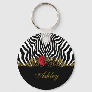 Abstrakt Zebra Flower Red Black White Guld Nyckelring
