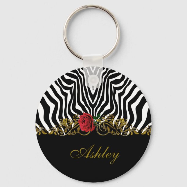 Abstrakt Zebra Flower Red Black White Guld Nyckelring (Framsida)