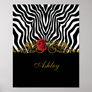 Abstrakt Zebra Flower Red Black White Guld Poster