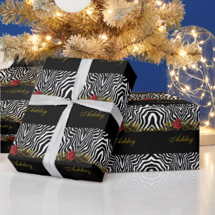 Abstrakt Zebra Flower Red Black White Guld Presentpapper