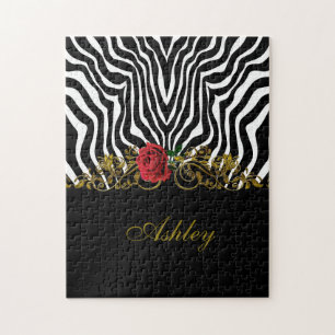 Abstrakt Zebra Flower Red Black White Guld Pussel