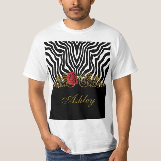 Abstrakt Zebra Flower Red Black White Guld         T Shirt (Framsida)