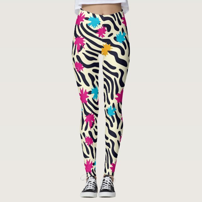 Abstrakt Zebra ränder med Löv Paint Stänk Leggings (Framsida)