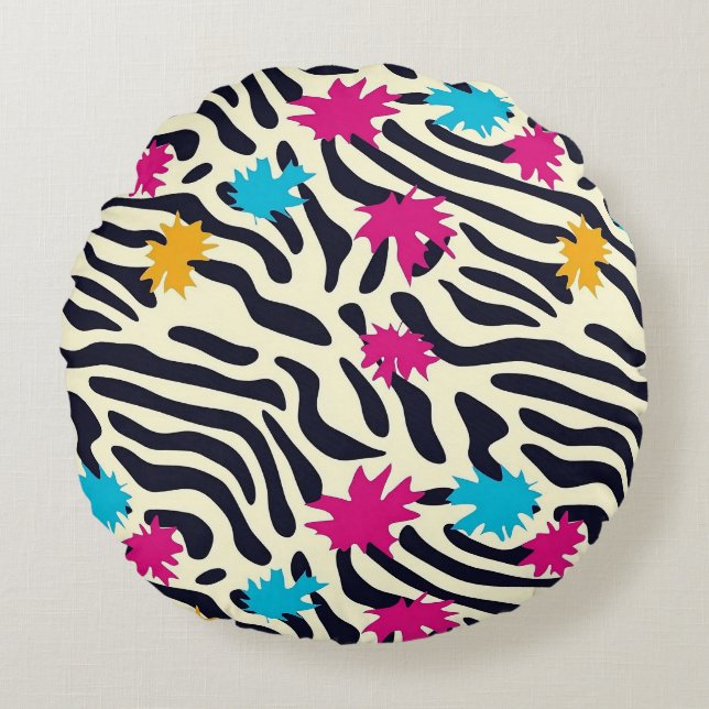 Abstrakt Zebra ränder med Löv Paint Stänk Rund Kudde (Framsidan)