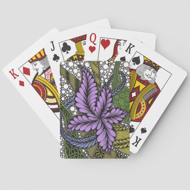Abstrakt Zentangle Lila Blomma Olivgrön Spelkort (Baksidan)
