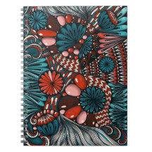 Abstrakt Zentangle Teal och Coralröd Spiral Anteck