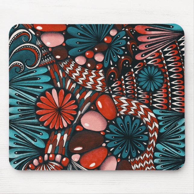 Abstrakt Zentangle Teal och Korallröd Musmatta (Framsidan)