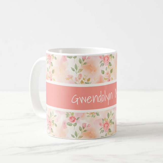 Abstrakta akvarell små persikofärgade rosa blommor kaffemugg (Framsida vänster)