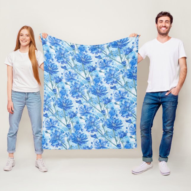 Abstrakta akvarellblå och vita blommor fleecefilt (På plats)