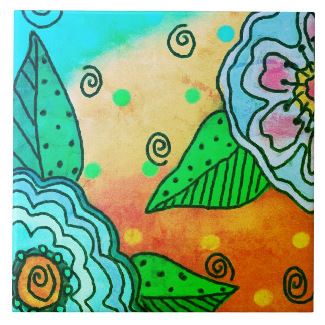 Abstrakta blå blommor kakelplatta (Framsidan)