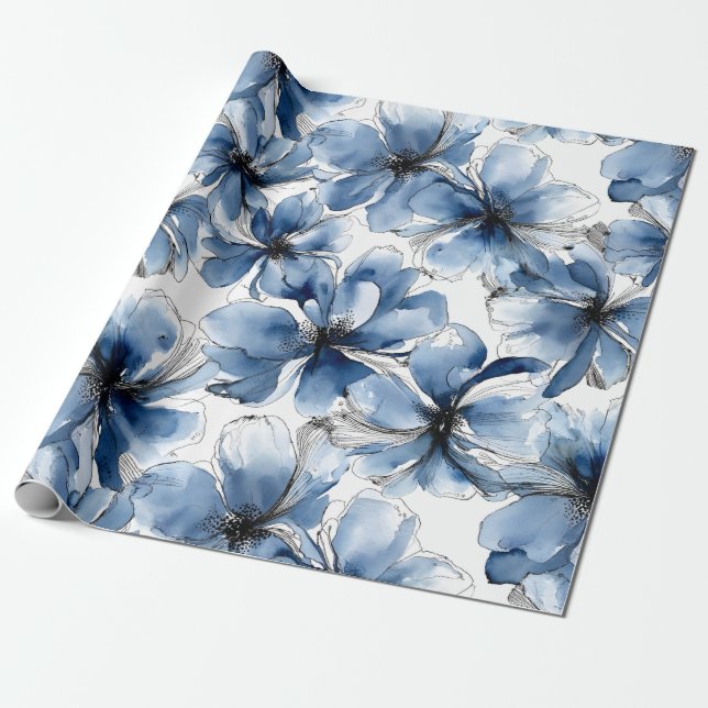 Abstrakta blå och vita akvarellblommor presentpapper (Utrullad)