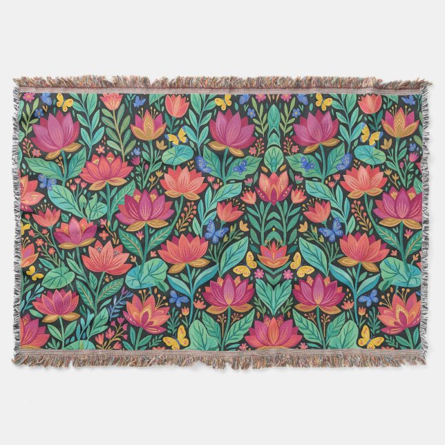 Abstrakta Boho Lotus Fjäril Blommiga Filtar (Framsidan)