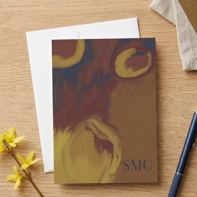 Abstrakta bruna och gyllene penseldrag med monogra kort (This abstract brown and gold brushstrokes with monogram card is a lovely birthday card for a friend)