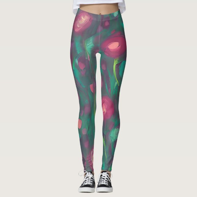 Abstrakta dämpade röda rosor leggings (Framsida)