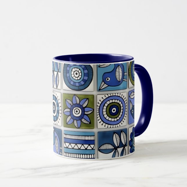Abstrakta Fågel- och Blommiga Keramiska Plattor Mugg (Framsida höger)