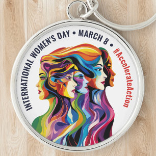 Abstrakta Färgrika Ansikten Kvinnodagen IWD Rund Silverfärgad Nyckelring