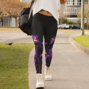 Abstrakta Iris-blommor på svart färgglada Leggings