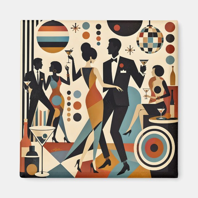 Abstrakta Jazzy Martinis och Dansande Cocktailpart Magnet (Framsidan)